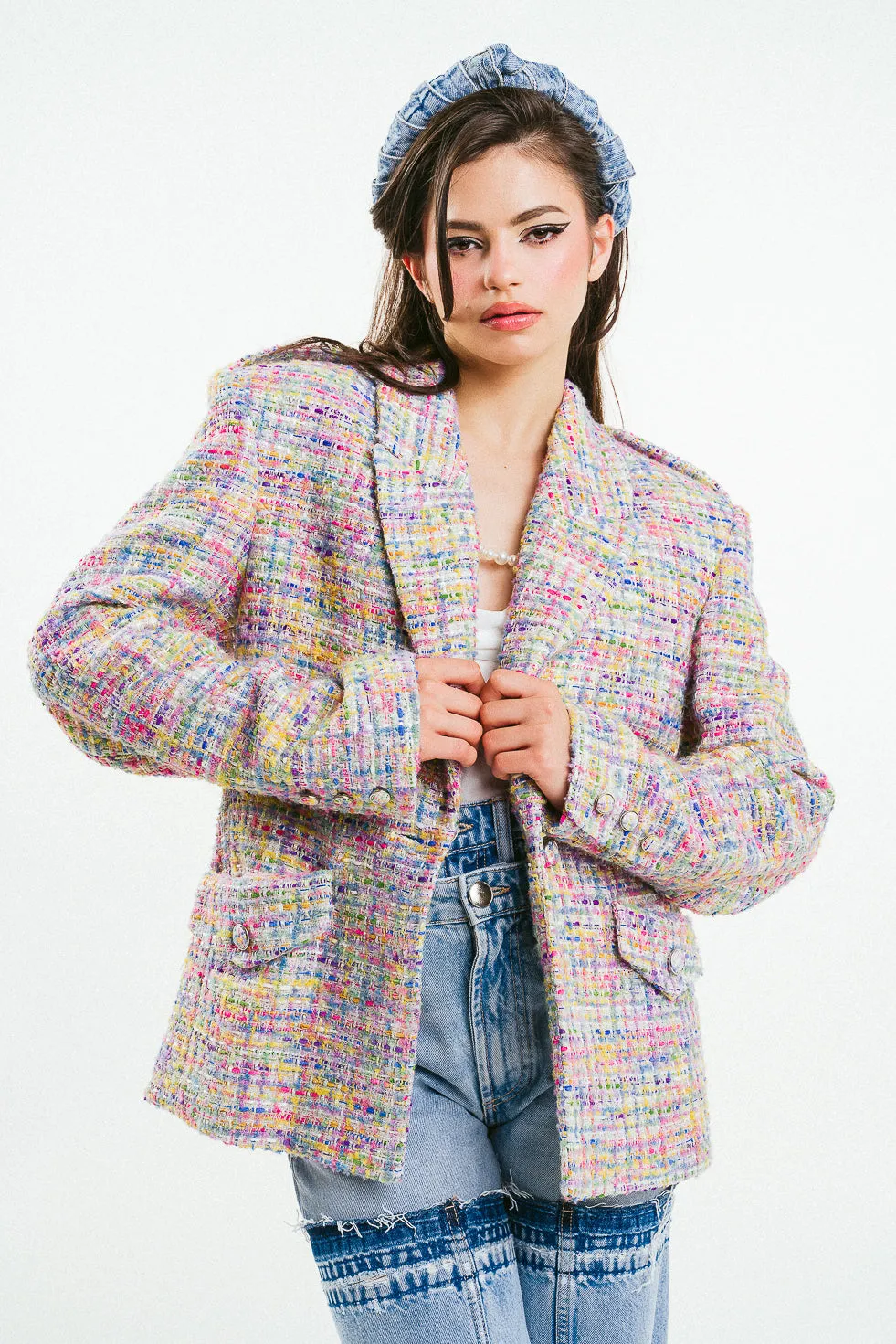 'DAIANA' Rainbow Tweed Structured Oversized Blazer