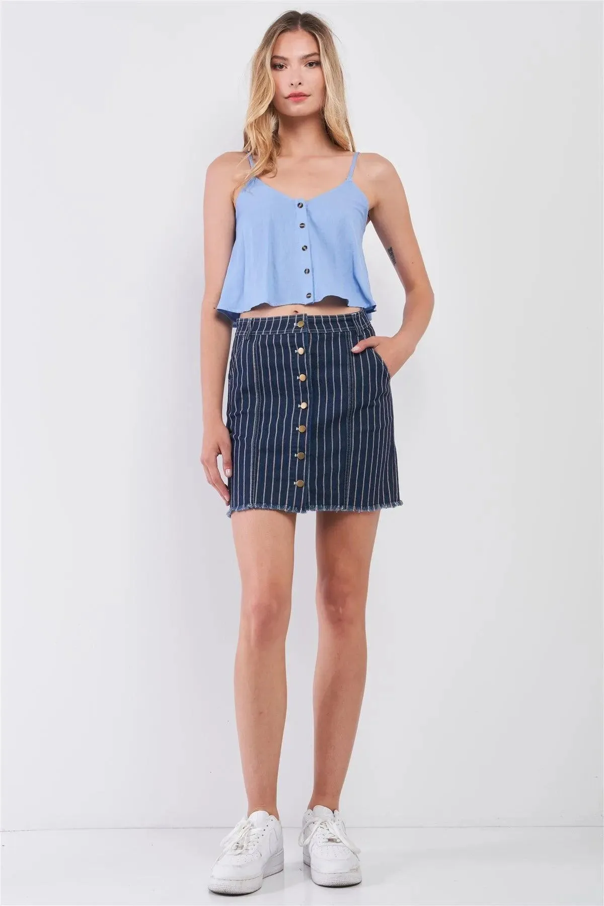 Dark Blue & Red Striped Print High Waist Button-Down Front Raw Hem Detail Denim Mini Skirt /1-2-2-1