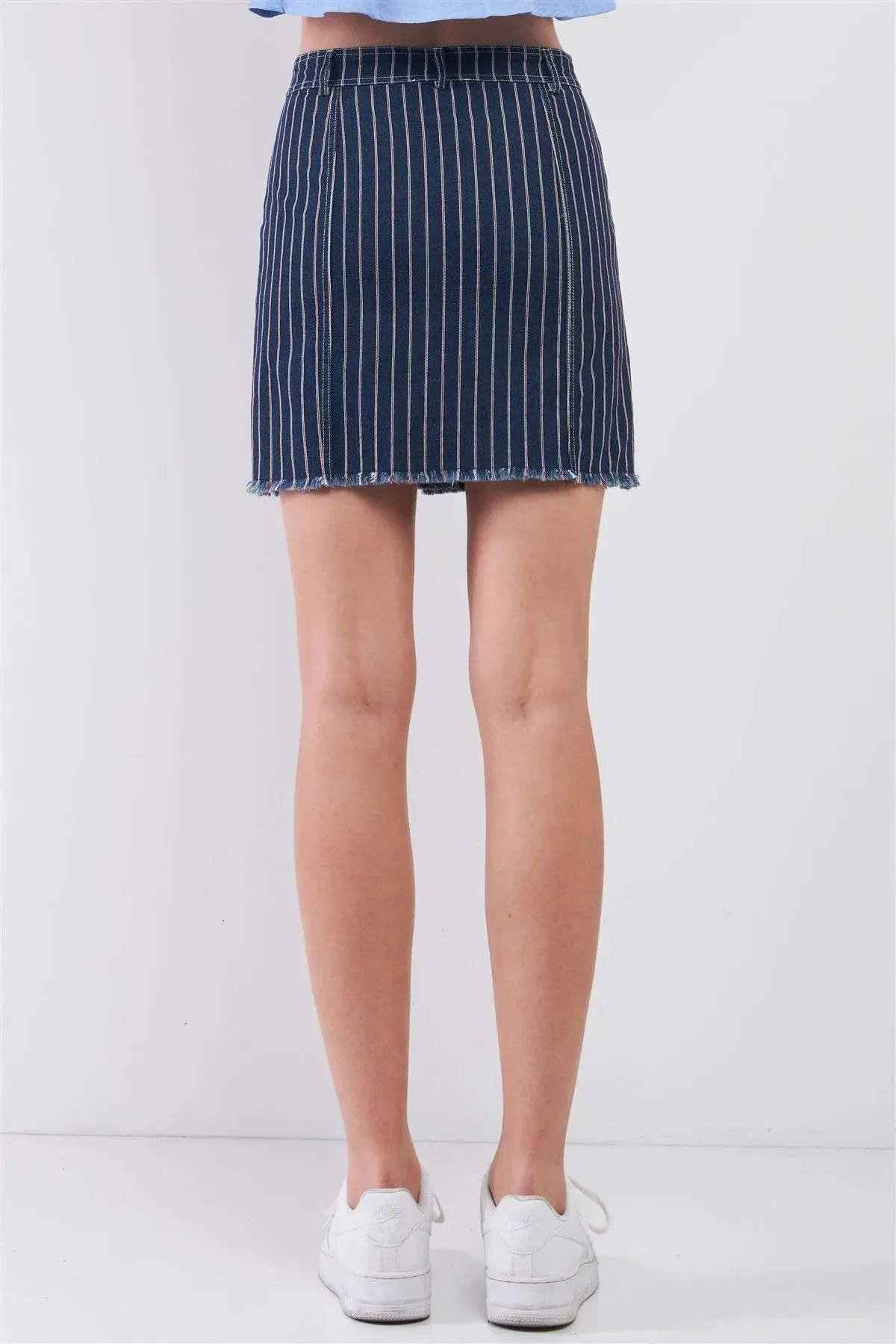 Dark Blue & Red Striped Print High Waist Button-Down Front Raw Hem Detail Denim Mini Skirt /1-2-2-1