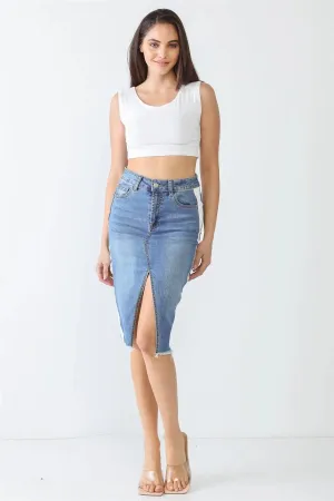 Denim & White Cotton Five Pocket Trim Hem Front Slit High Waist Midi Skirt /3-2-1