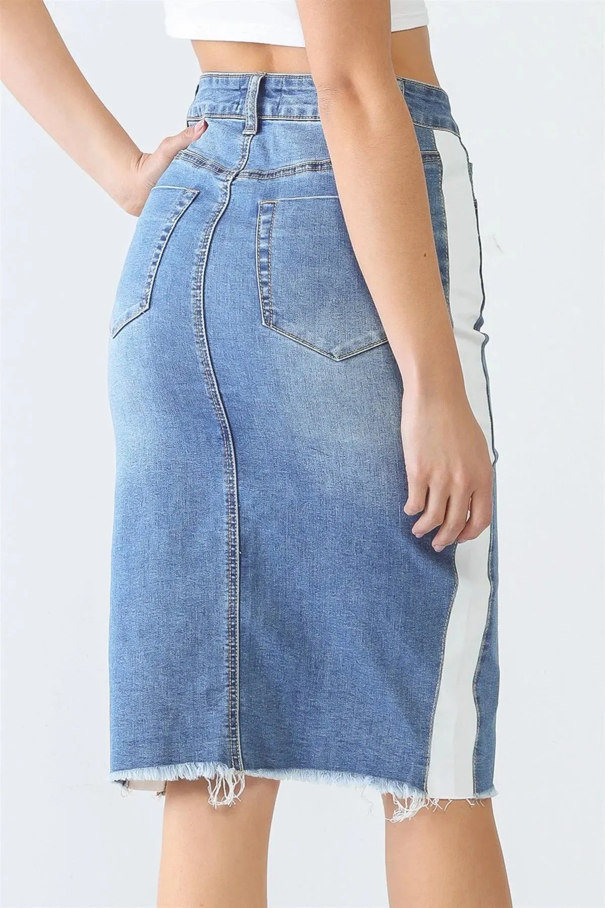Denim & White Cotton Five Pocket Trim Hem Front Slit High Waist Midi Skirt /3-2-1