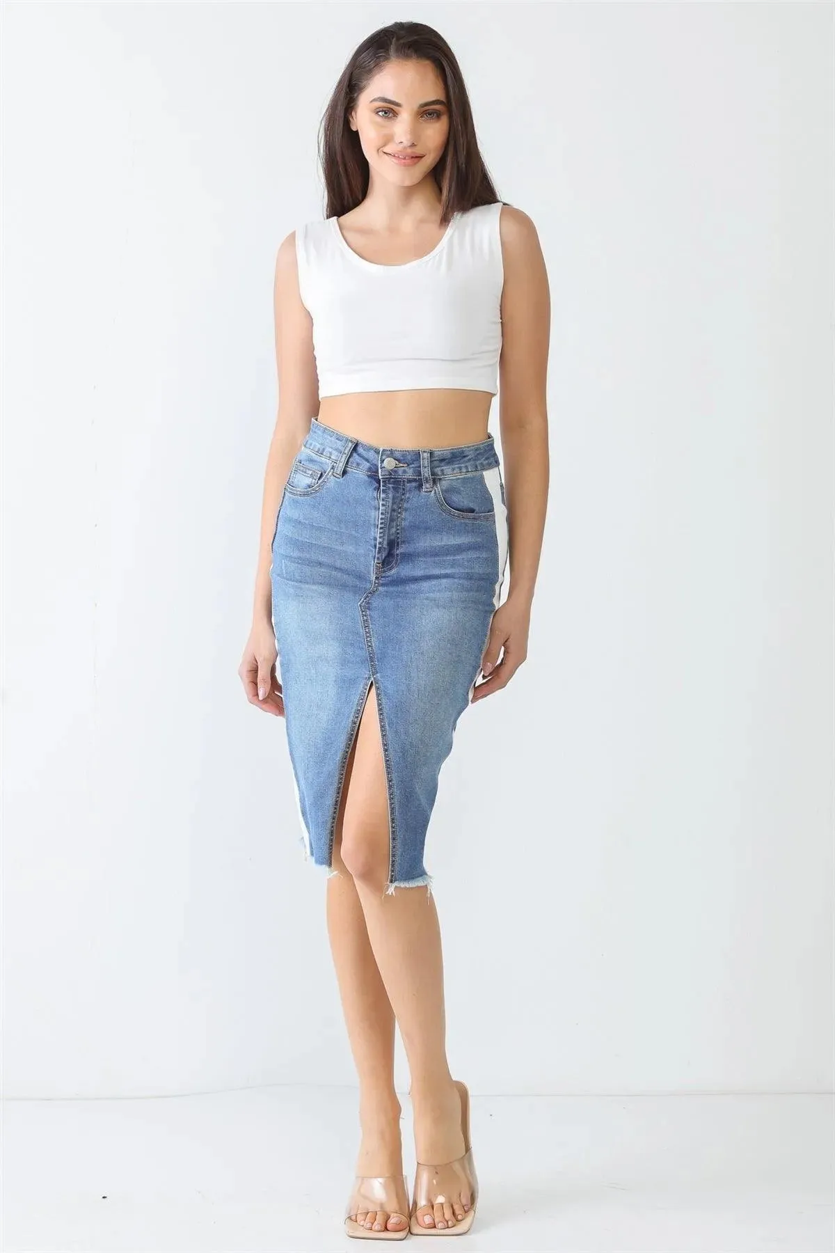 Denim & White Cotton Five Pocket Trim Hem Front Slit High Waist Midi Skirt /3-2-1