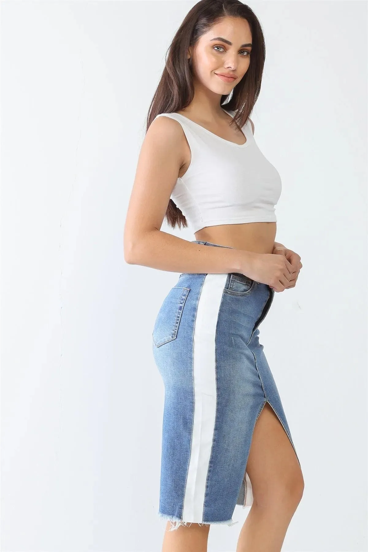 Denim & White Cotton Five Pocket Trim Hem Front Slit High Waist Midi Skirt /3-2-1