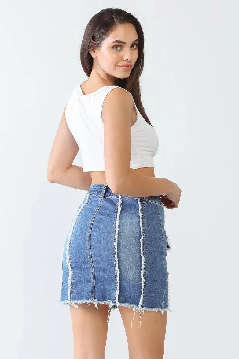 Denim Cotton Button Two Pocket Trim High Waist Mini Skirt /3-2-1