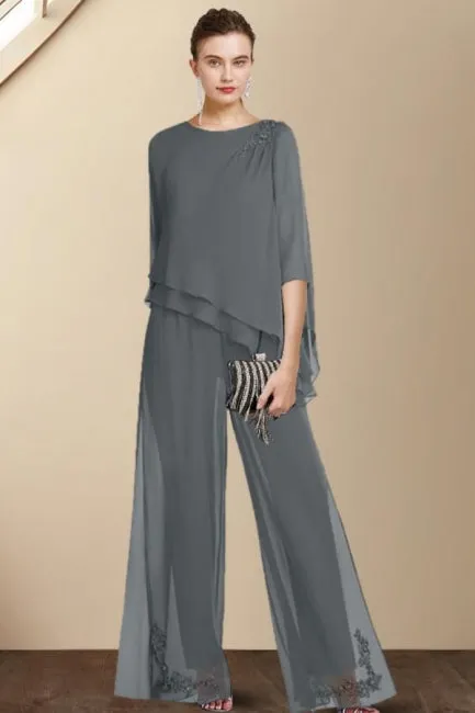 Designer Two Pieces Mother of The Bride Suit Chiffon Scoop Half Sleeve Bridesmaid Dresses With Ruffles