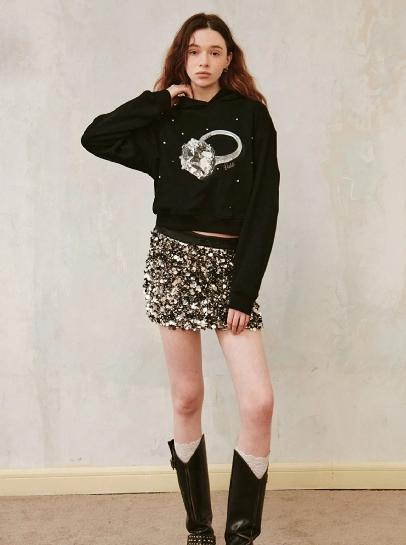 Diamond Ring Print Sparkling Hooded Top