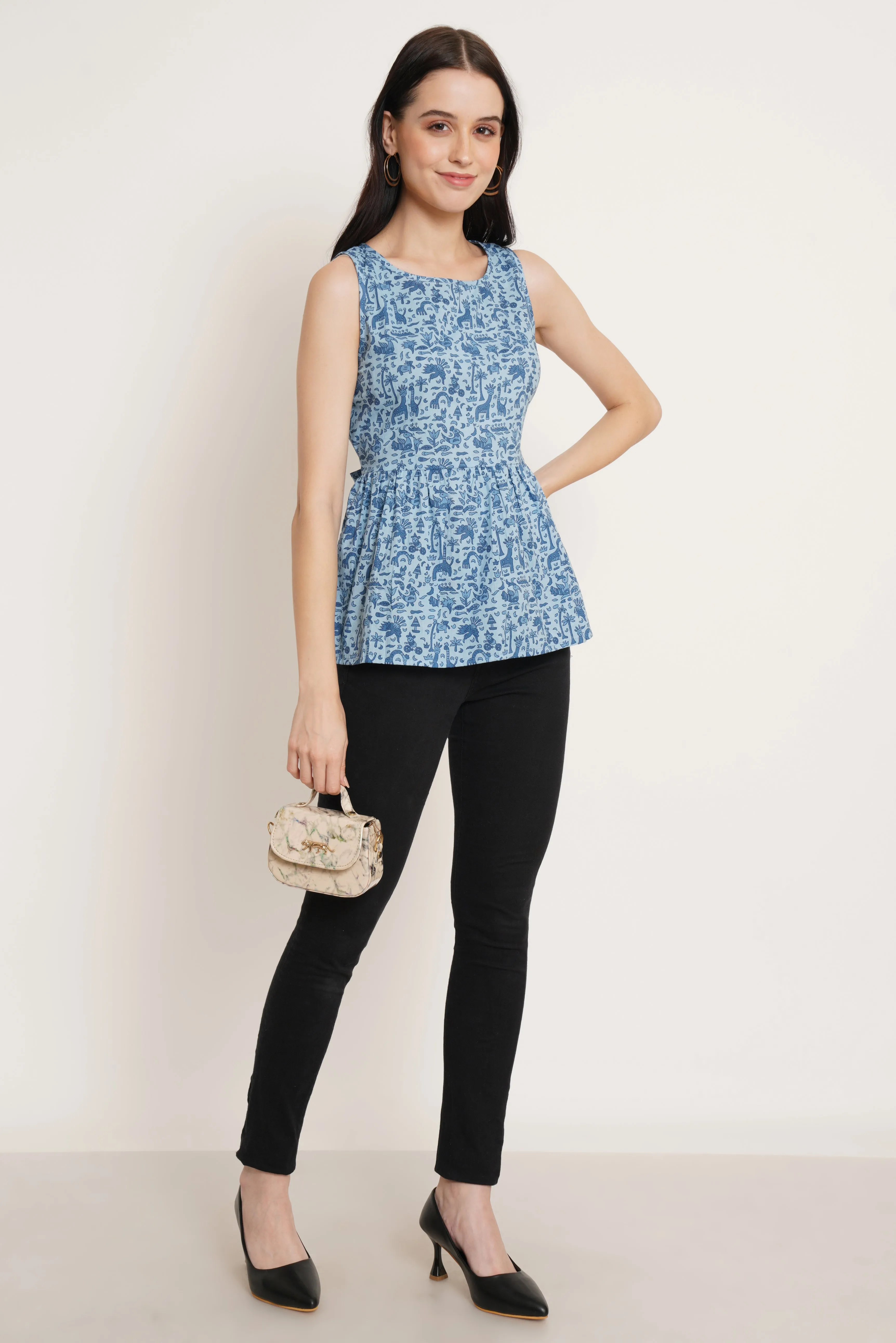 Doodle Printed Cotton Peplum Top For Women