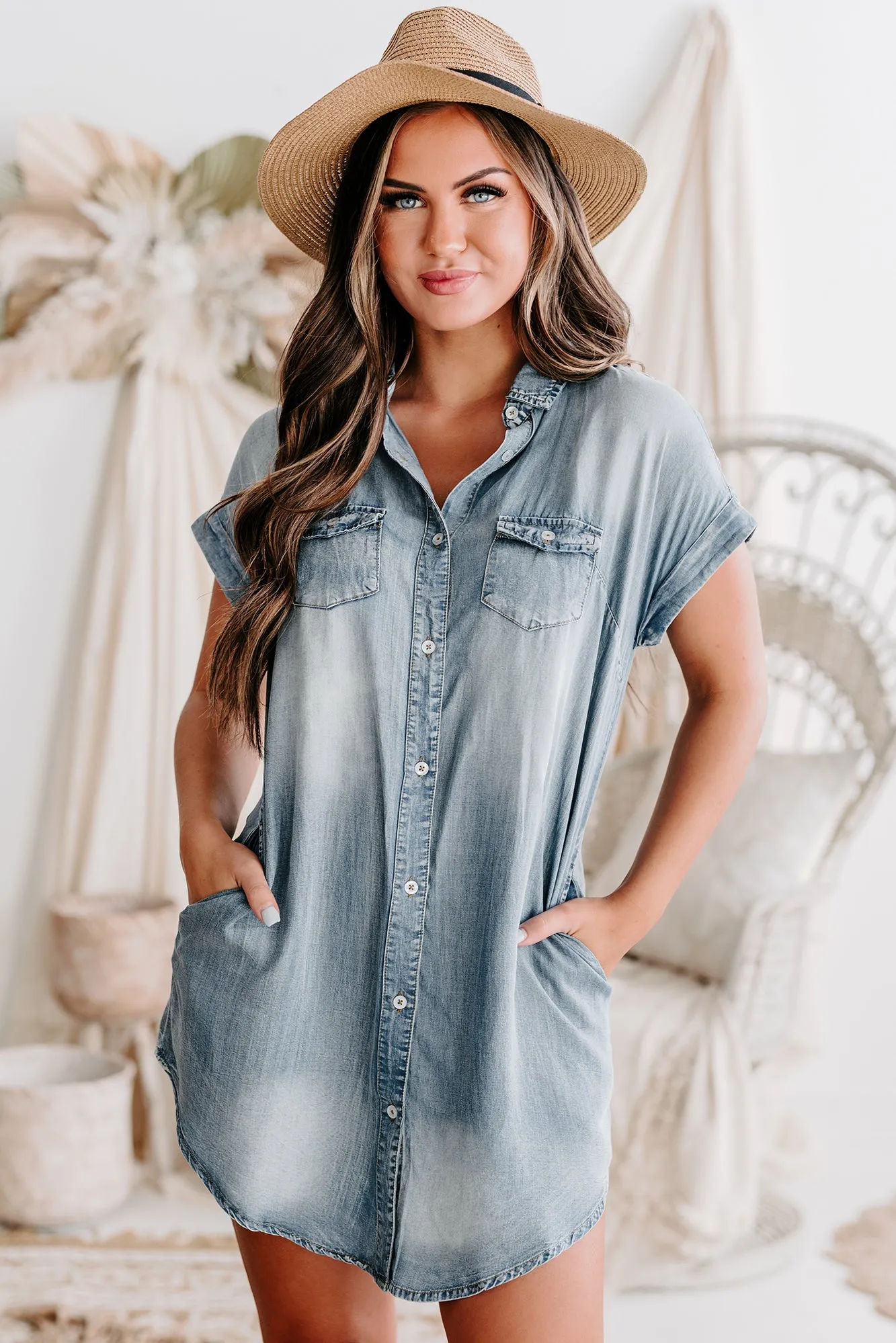 Effortless Allure Button-Down Chambray Dress (Denim)