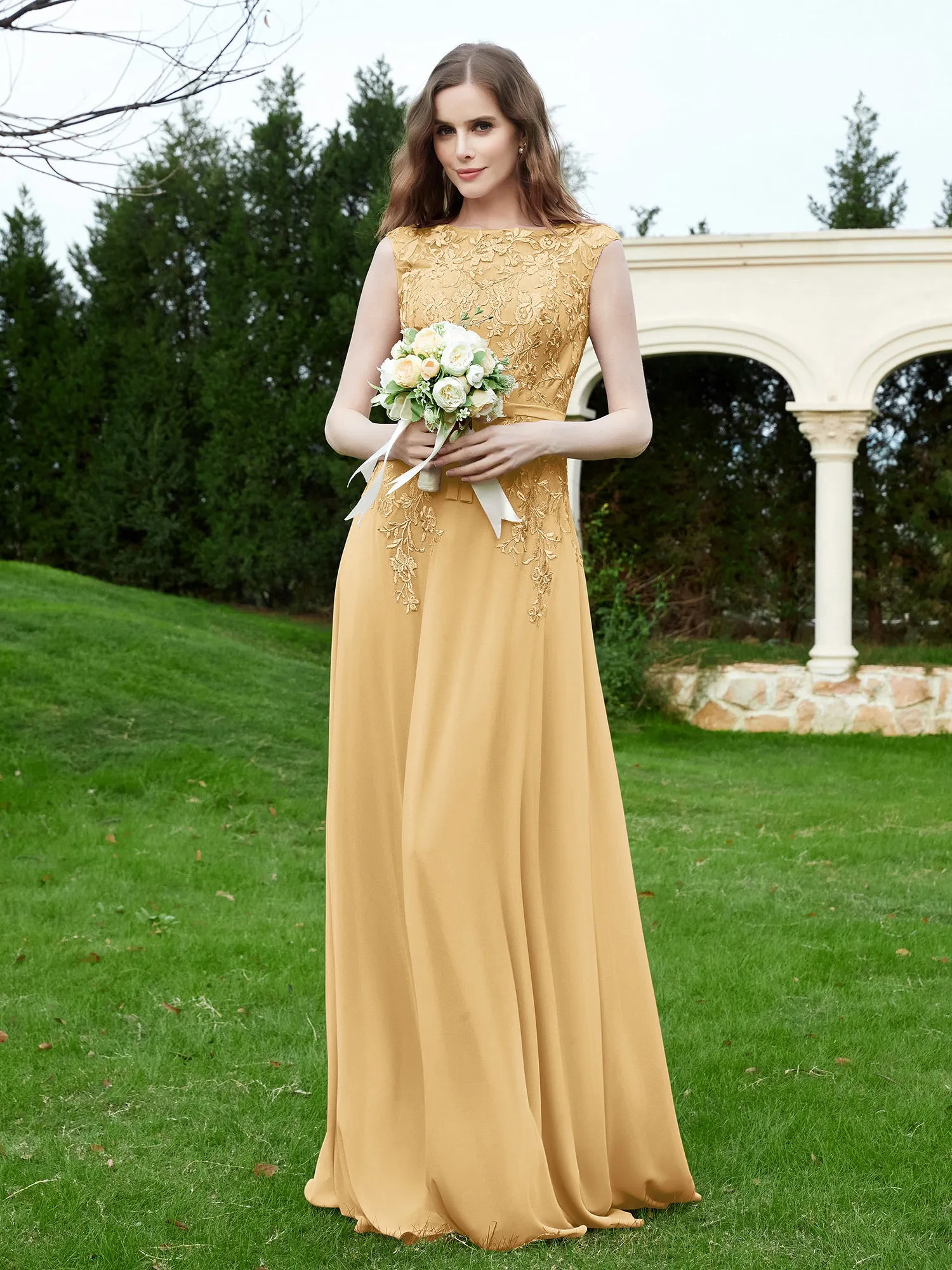 Elegant Illusion Lace Appliqued Dress With Buttons Gold Plus Size
