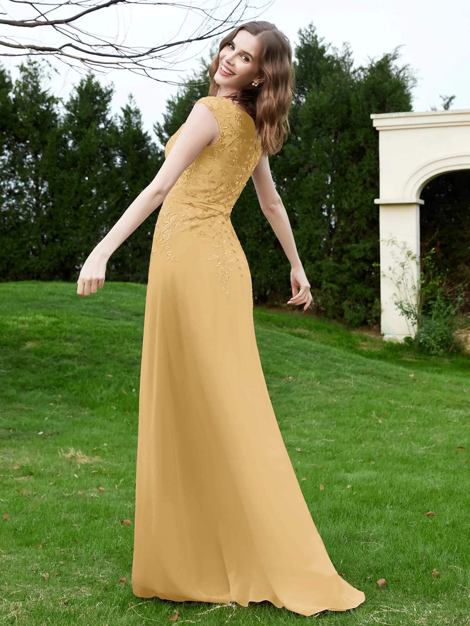 Elegant Illusion Lace Appliqued Dress With Buttons Gold Plus Size