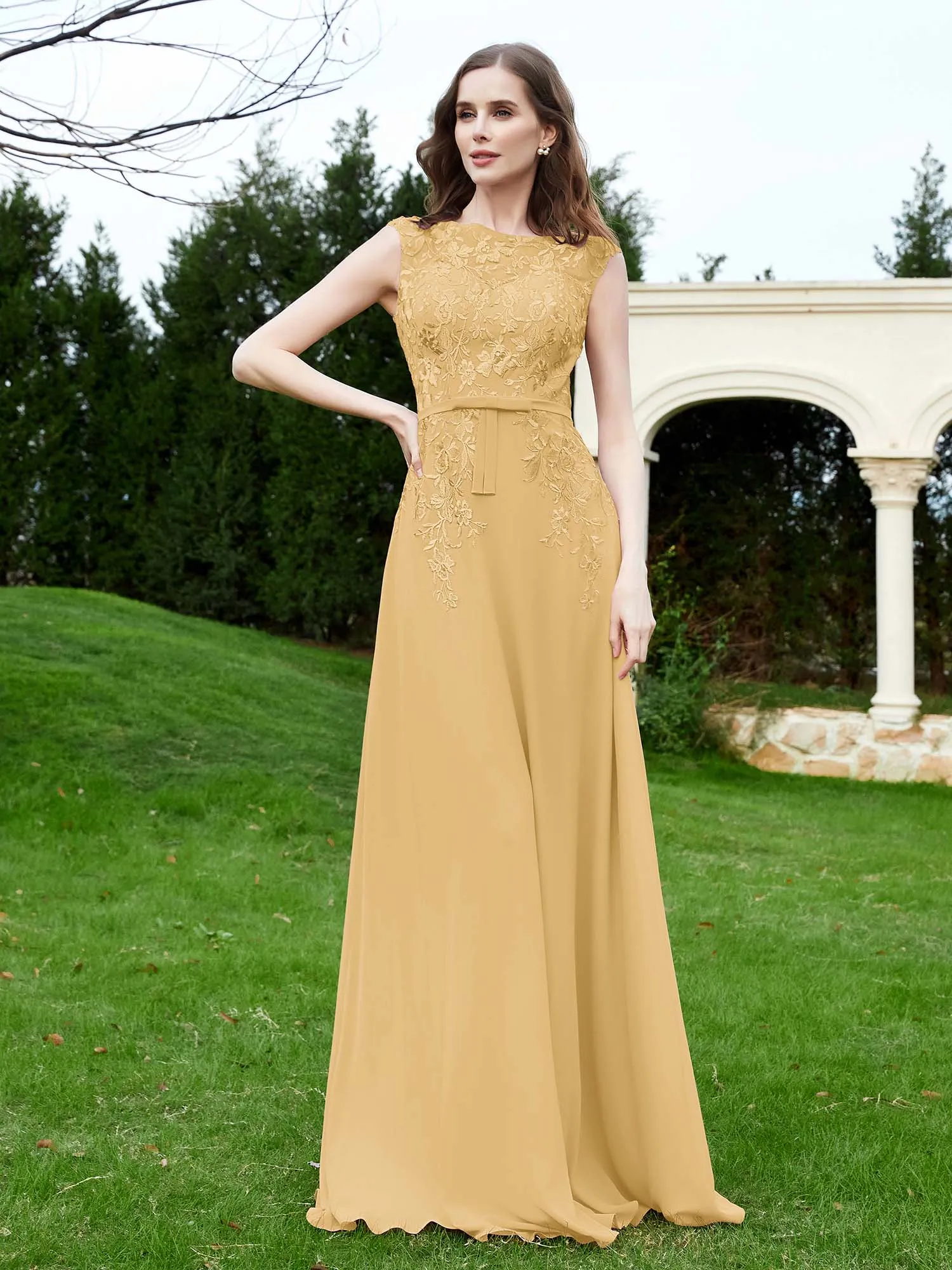 Elegant Illusion Lace Appliqued Dress With Buttons Gold Plus Size