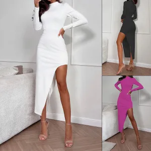 Elegant Long-Sleeve Split Hem Bodycon Midi Dress