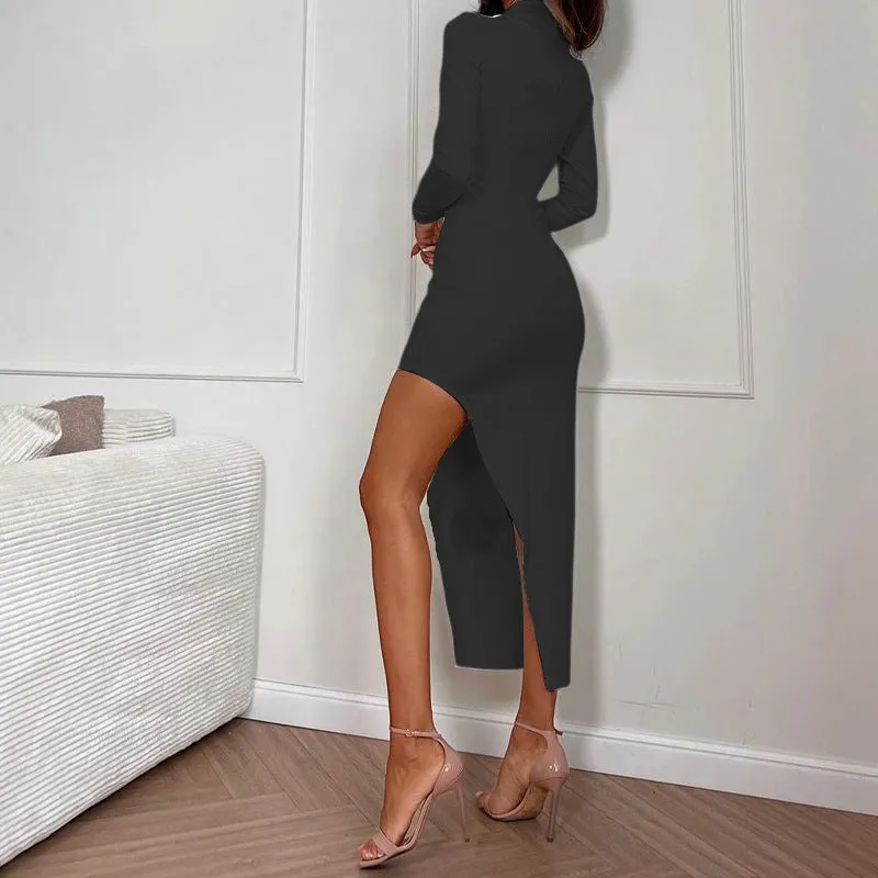 Elegant Long-Sleeve Split Hem Bodycon Midi Dress