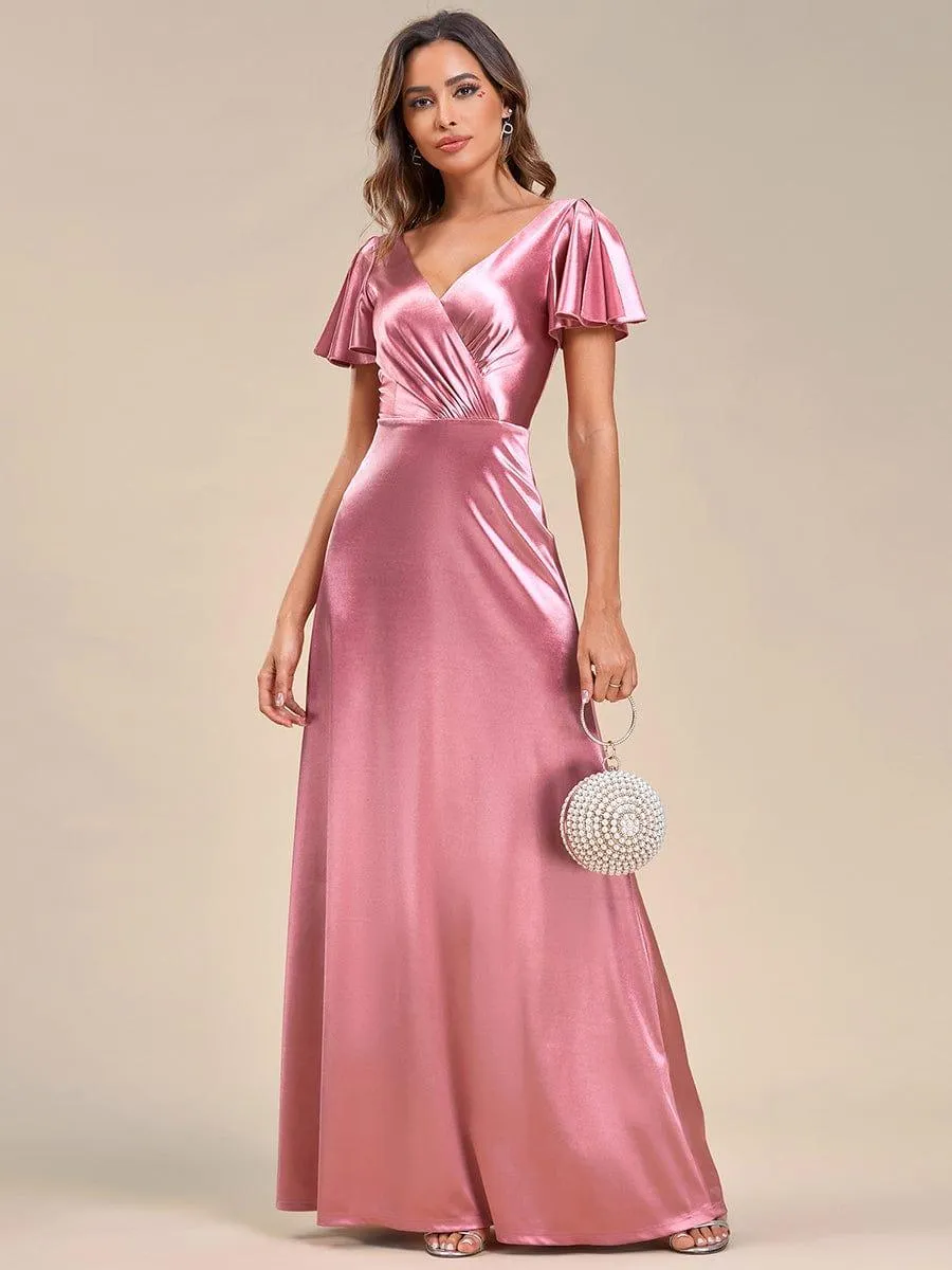 Elegant Ruffles Sleeve A-Line Satin V-Neck Evening Dress(Final Sale)