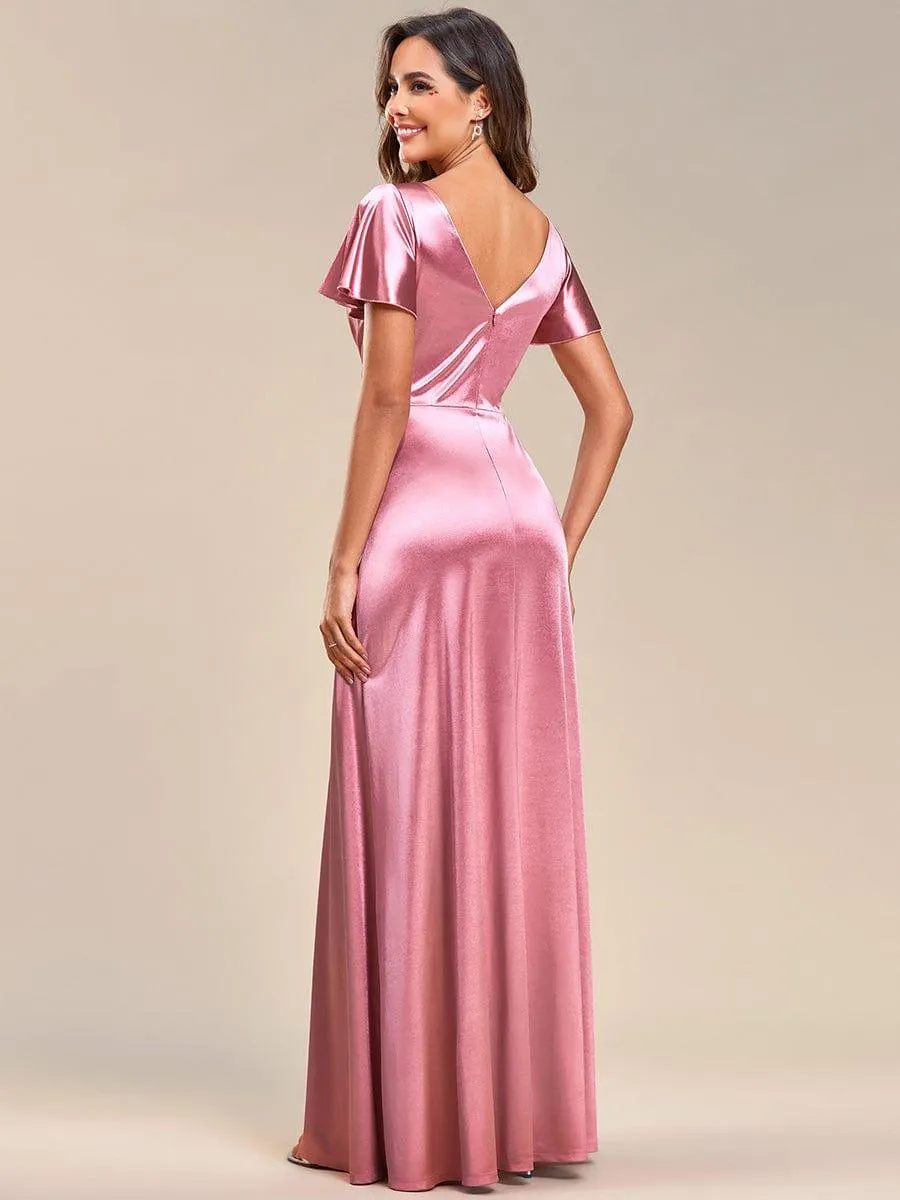Elegant Ruffles Sleeve A-Line Satin V-Neck Evening Dress(Final Sale)