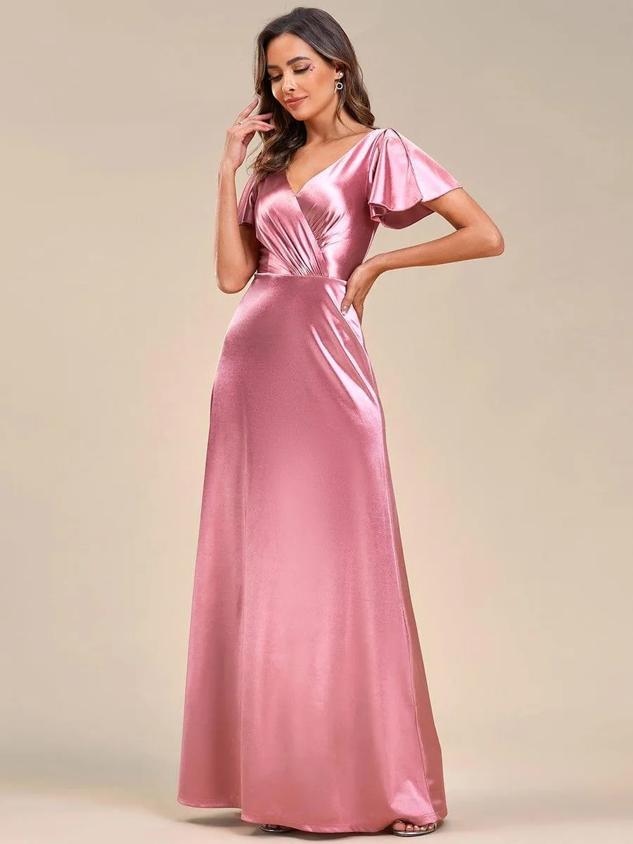 Elegant Ruffles Sleeve A-Line Satin V-Neck Evening Dress(Final Sale)
