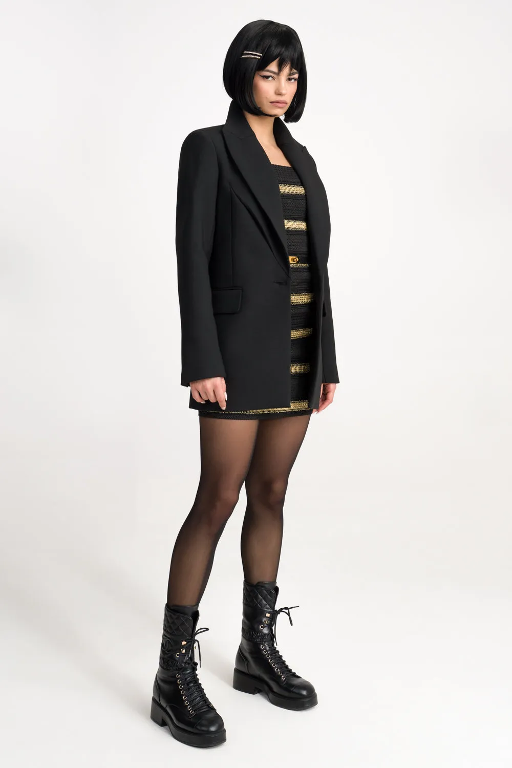 'Eliza' Black Draped Wool-Blend Structured Blazer