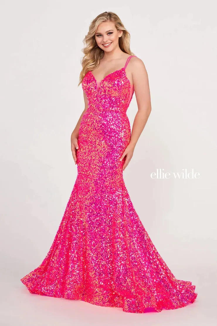 Ellie Wilde EW34016 Size 16 Forest Light Long Sequin Mermaid Corset Formal Prom Dress Backless V Neck Iridescent