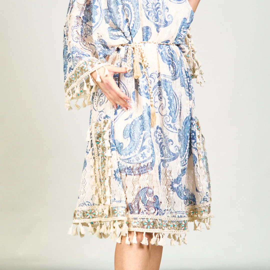 Embellished paisley kaftan dress with tassels wholesale