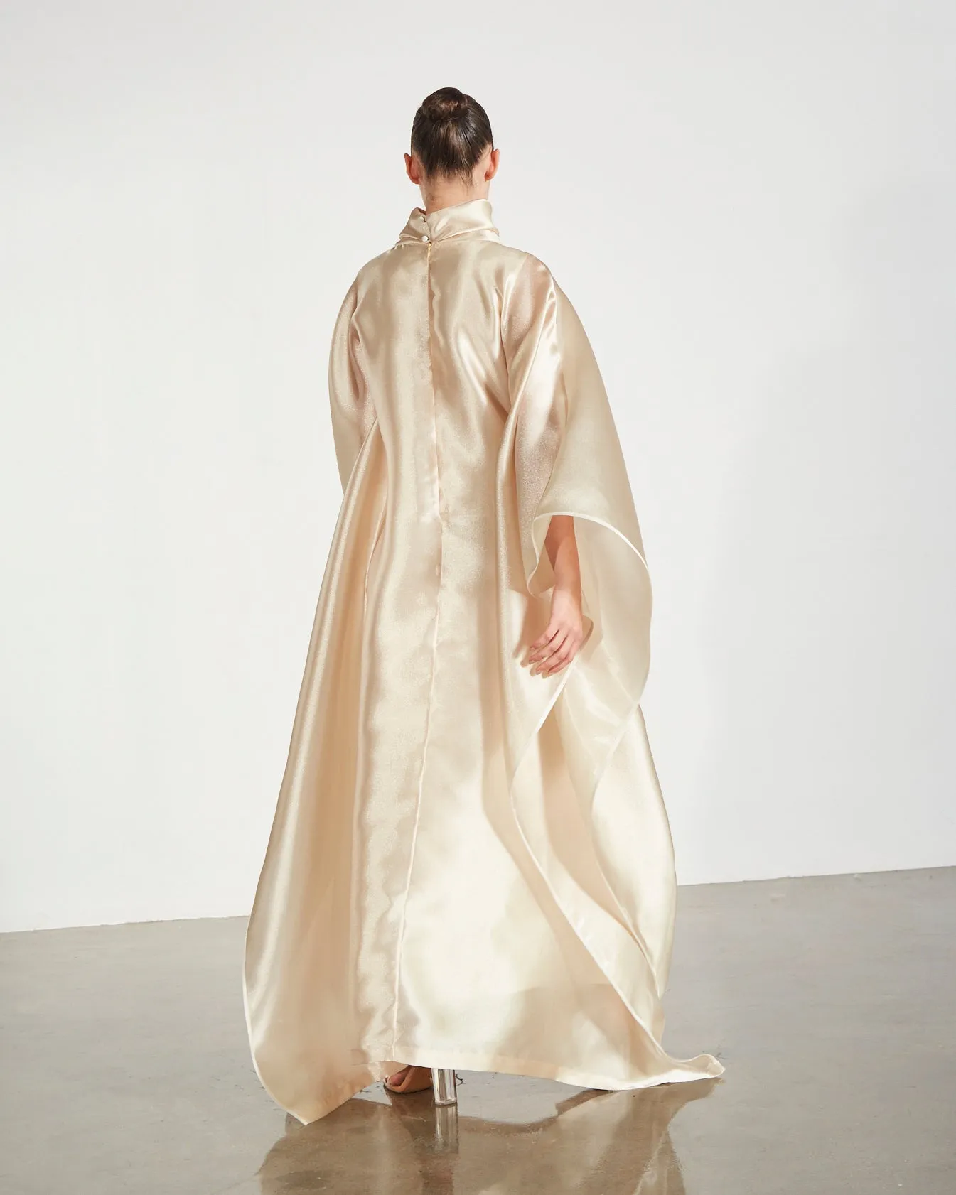 Embroidered Organdy High-Neck Kaftan Abaya - Gold