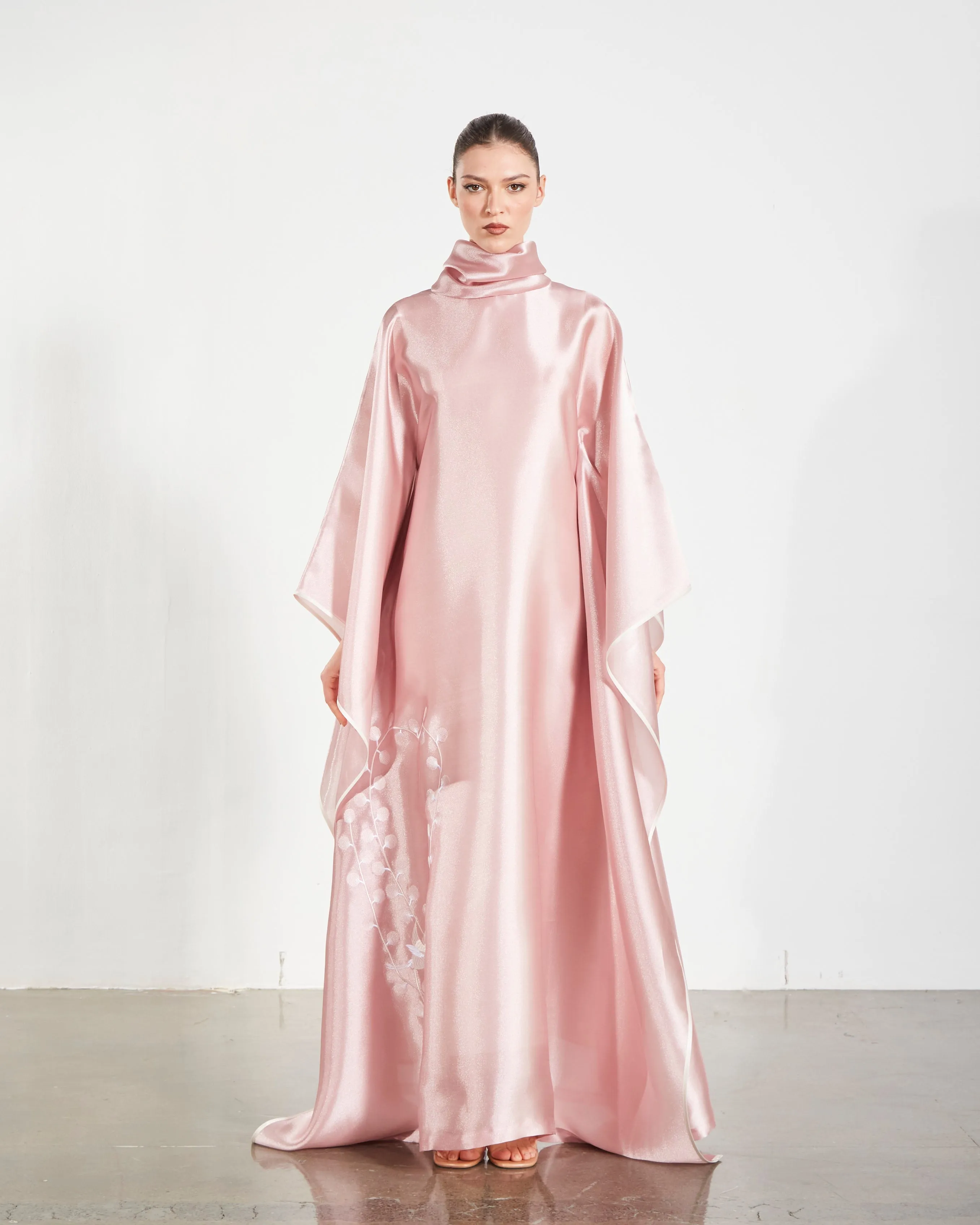 Embroidered Organdy High-Neck Kaftan Abaya - Gold