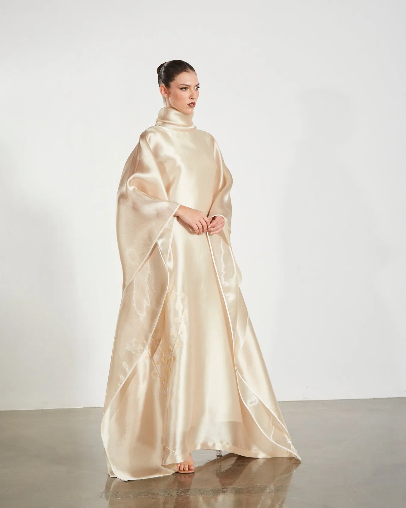 Embroidered Organdy High-Neck Kaftan Abaya - Gold