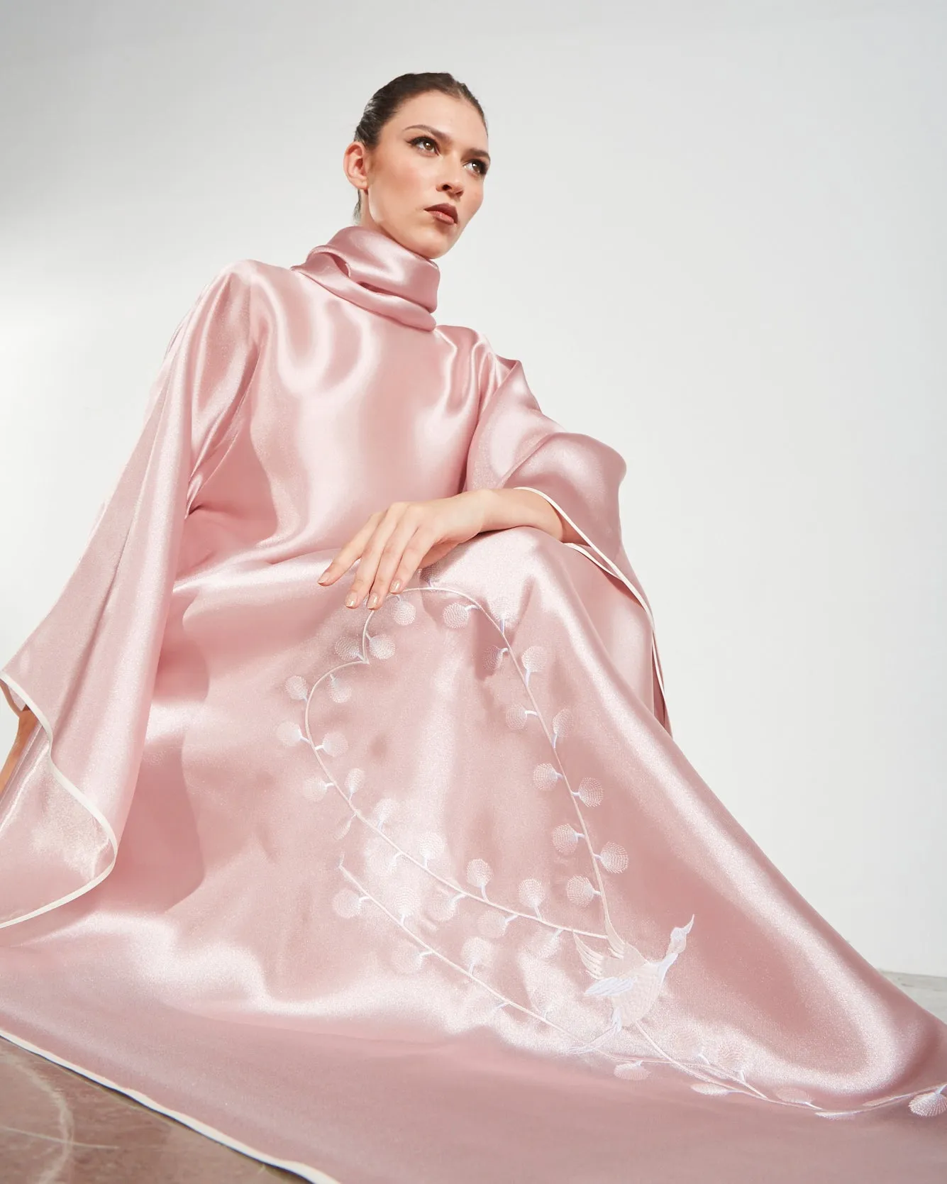 Embroidered Organdy High-Neck Kaftan Abaya - Gold
