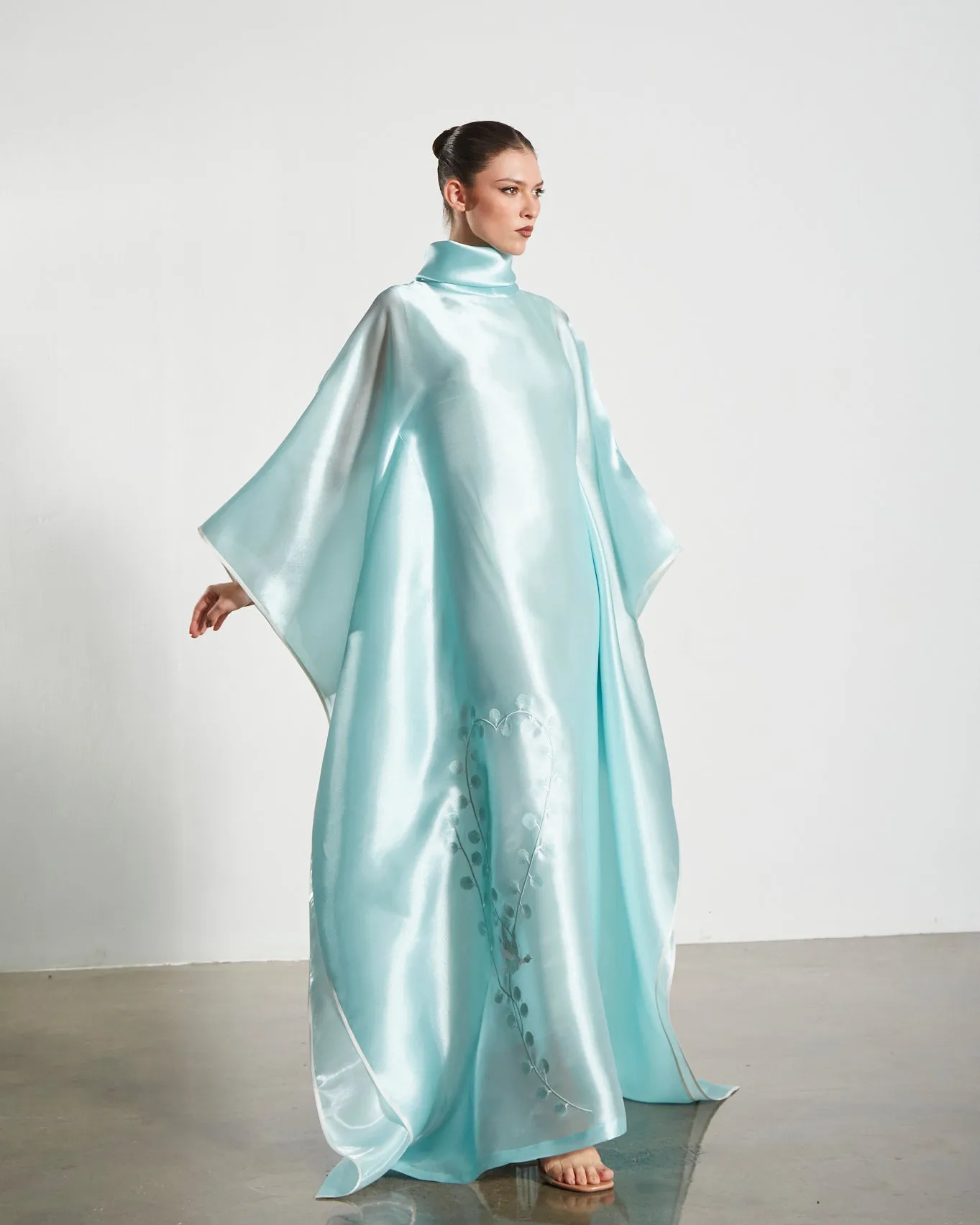 Embroidered Organdy High-Neck Kaftan Abaya - Gold