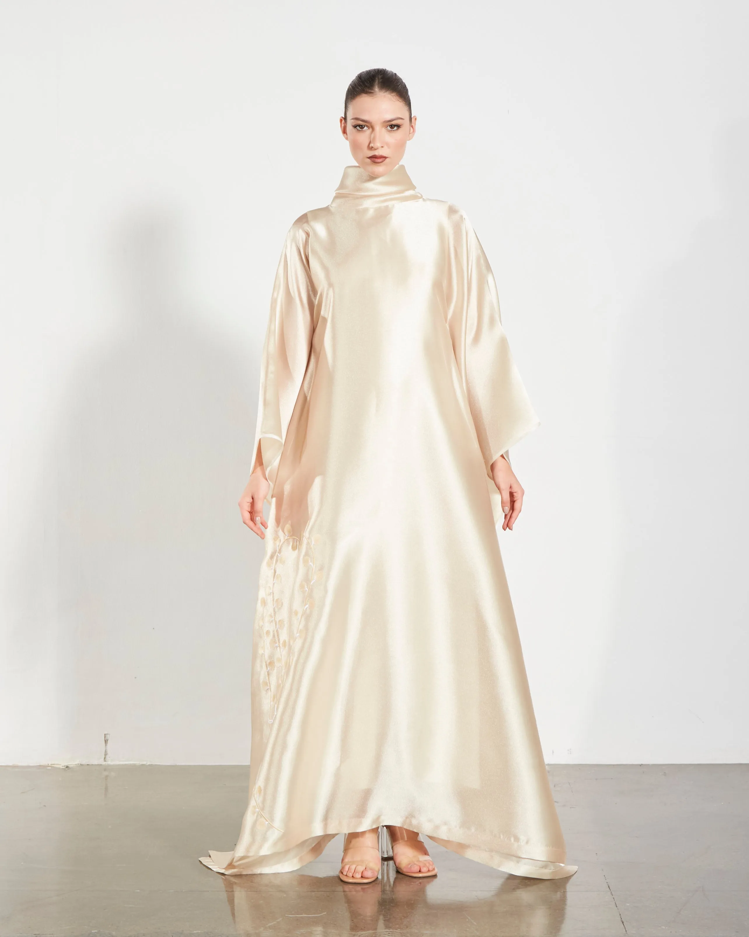 Embroidered Organdy High-Neck Kaftan Abaya - Gold