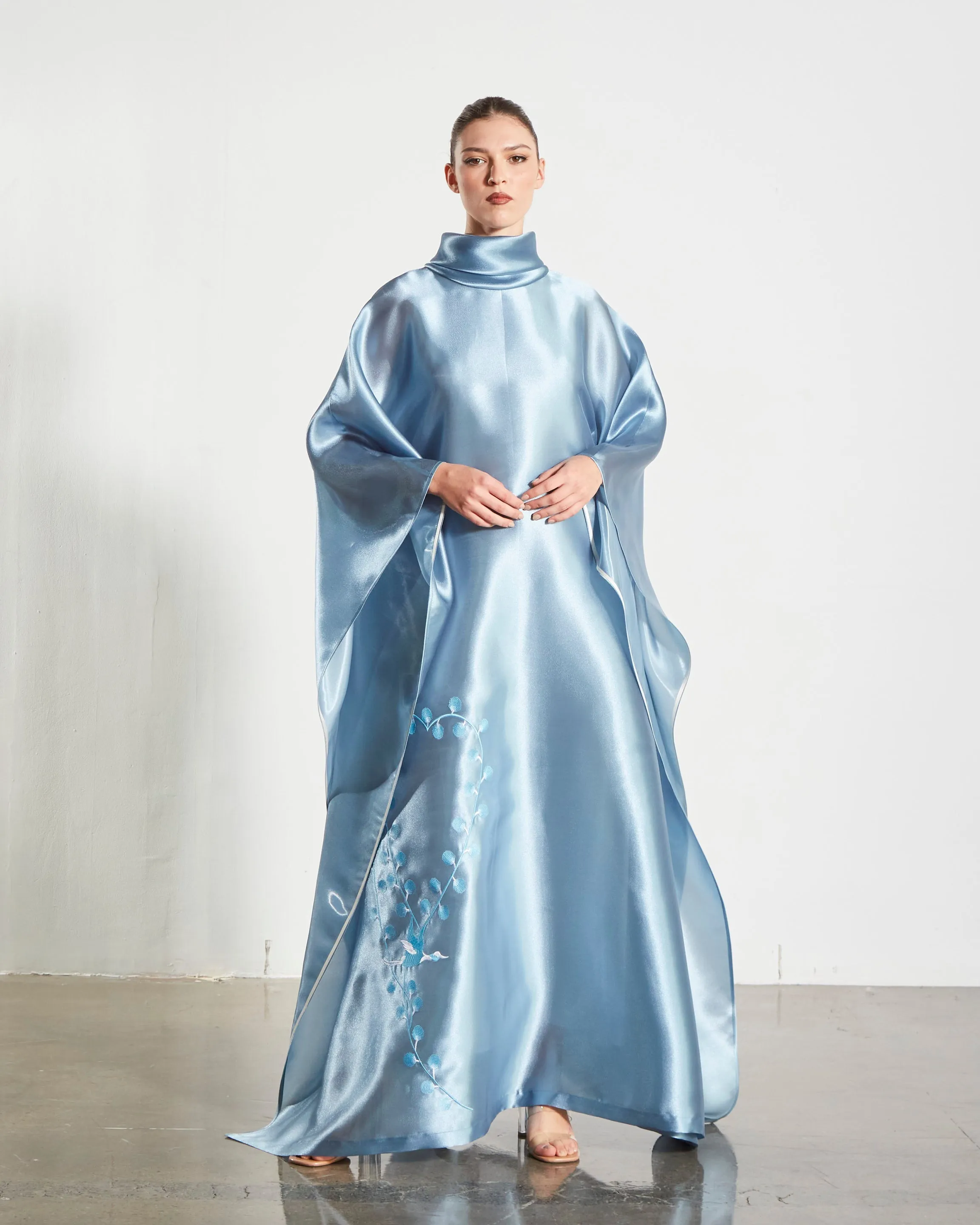 Embroidered Organdy High-Neck Kaftan Abaya - Gold