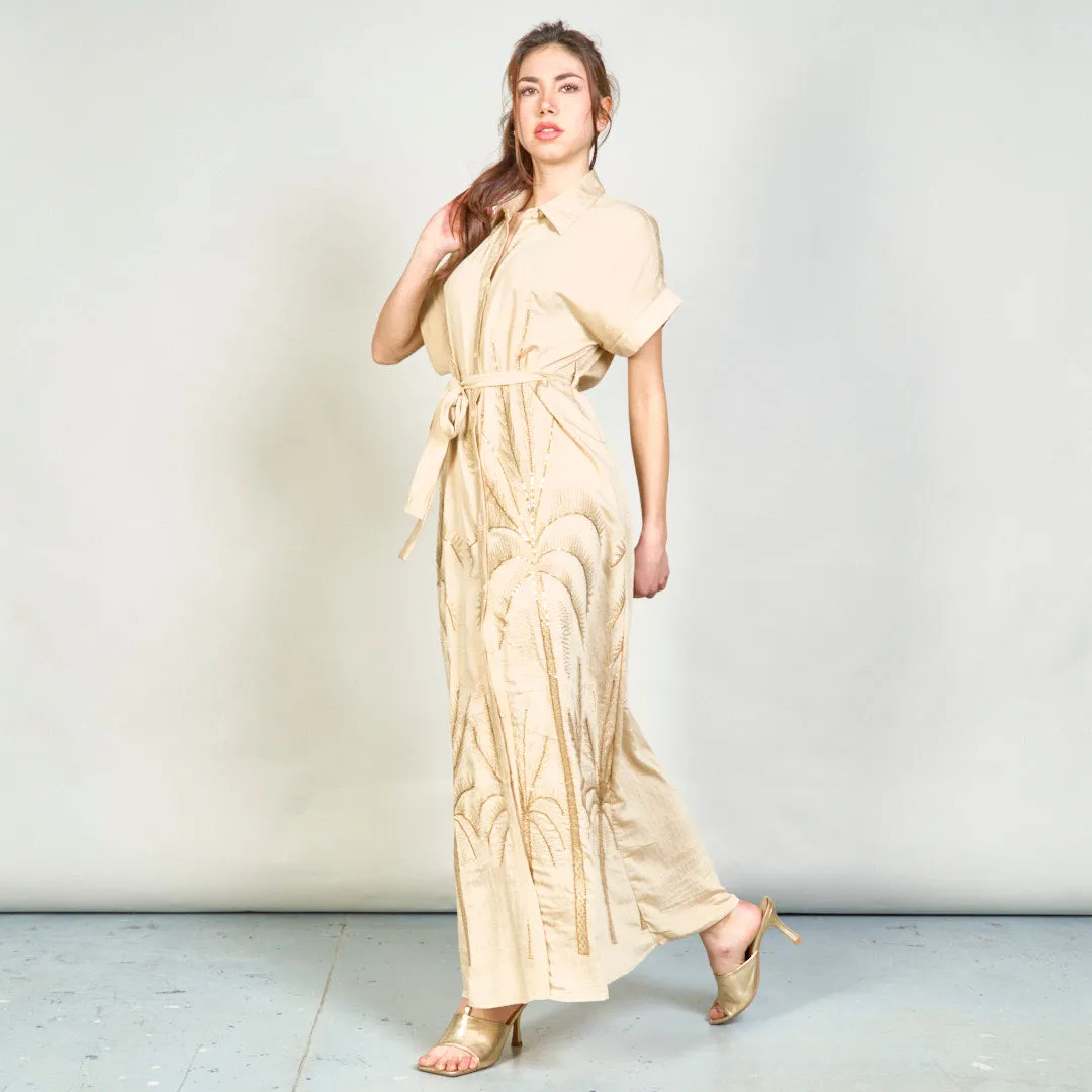 Embroidered palm belted shirt dress wholesale
