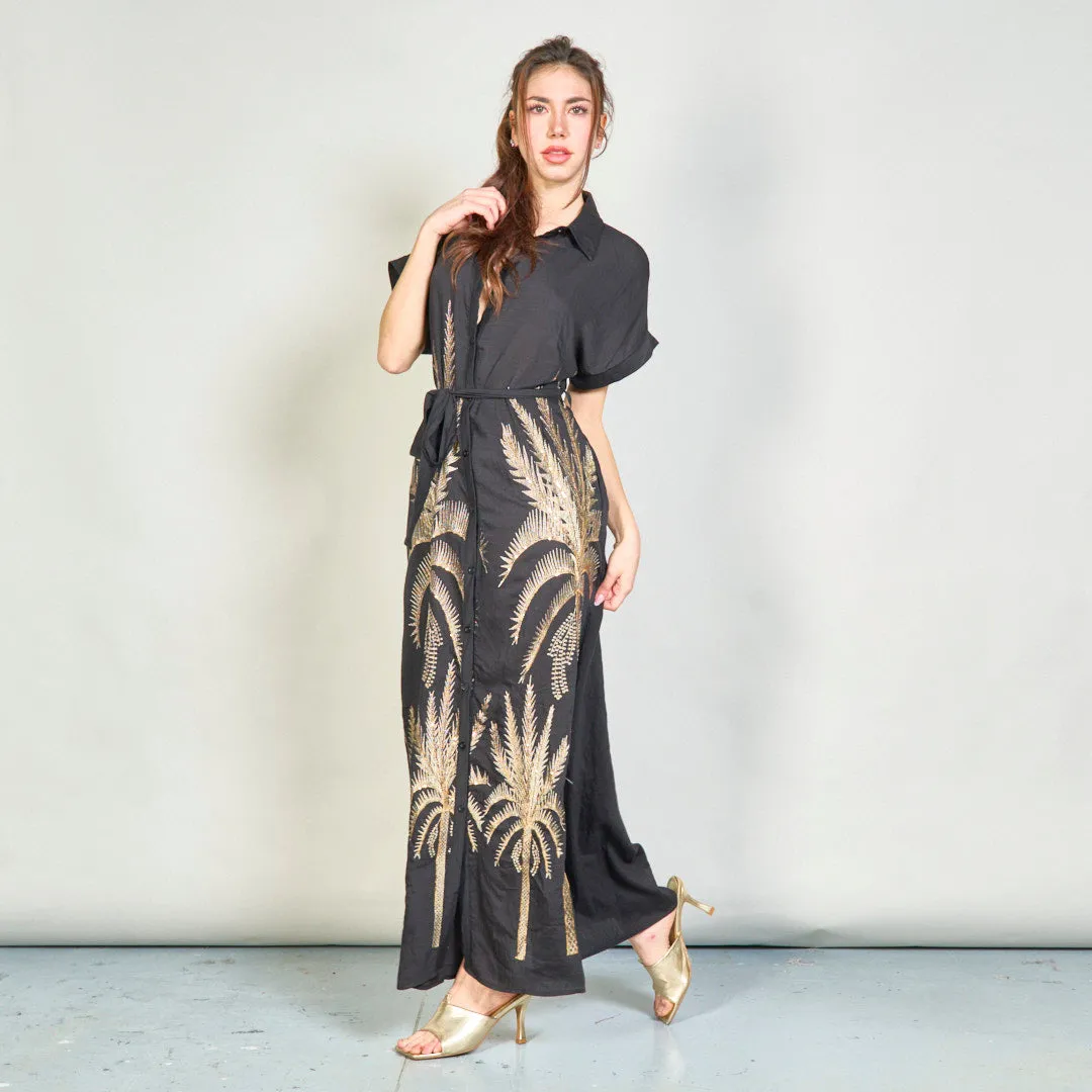 Embroidered palm belted shirt dress wholesale