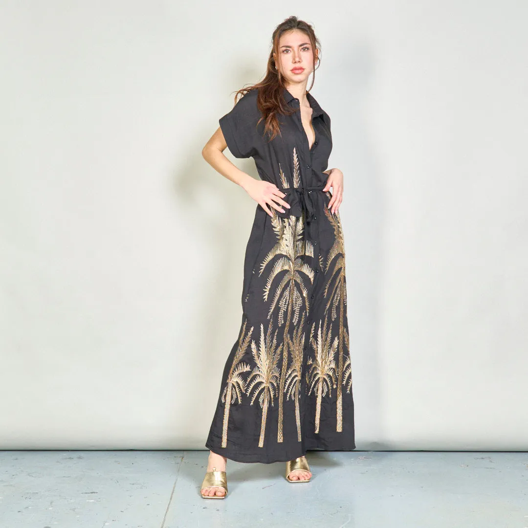 Embroidered palm belted shirt dress wholesale