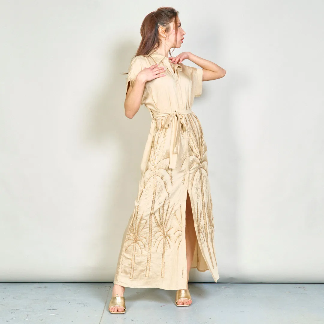 Embroidered palm belted shirt dress wholesale