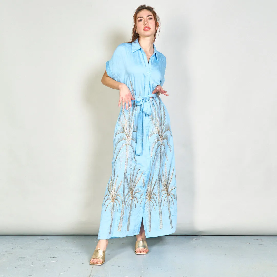 Embroidered palm belted shirt dress wholesale