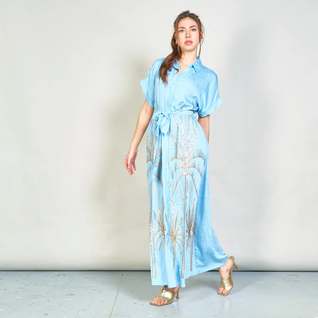 Embroidered palm belted shirt dress wholesale