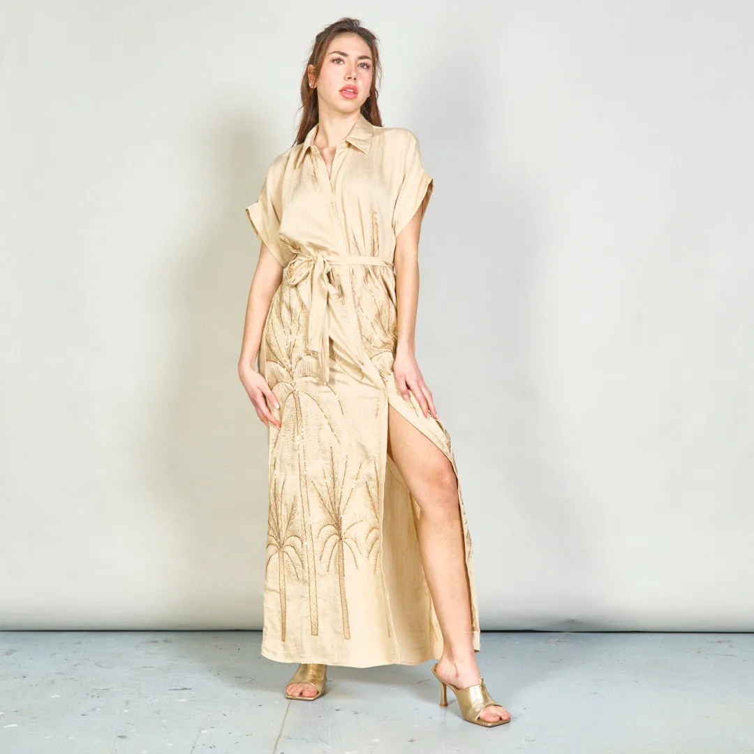 Embroidered palm belted shirt dress wholesale