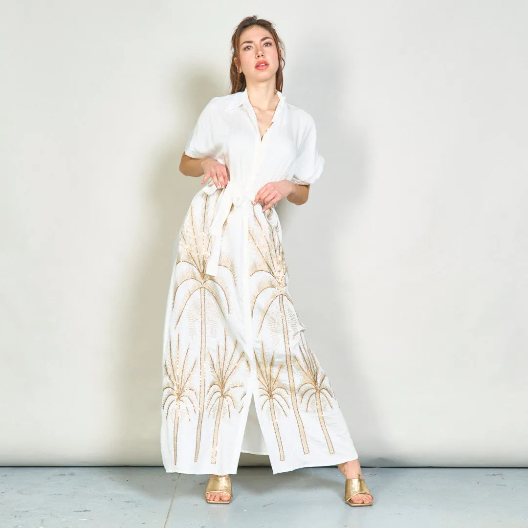 Embroidered palm belted shirt dress wholesale