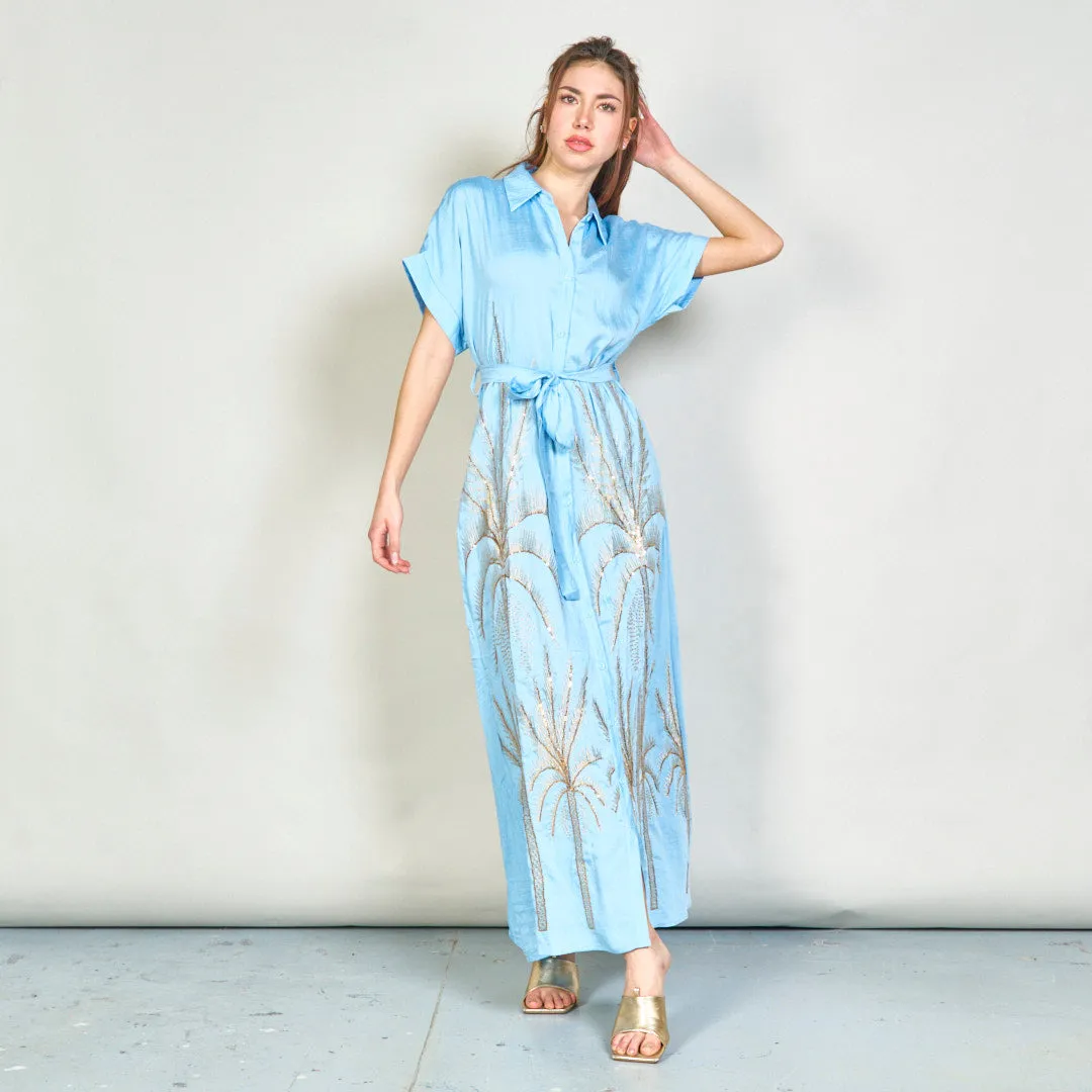 Embroidered palm belted shirt dress wholesale