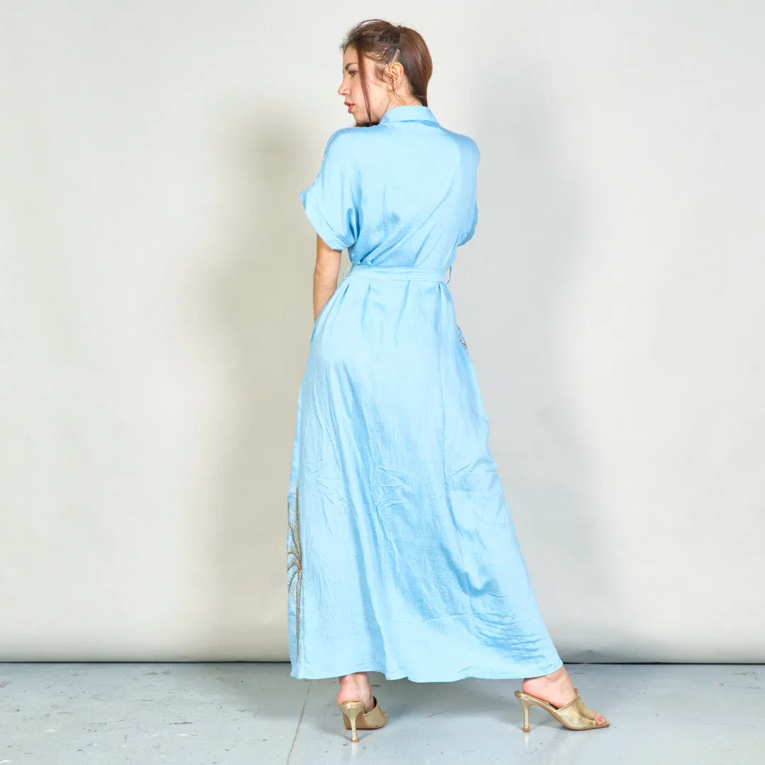 Embroidered palm belted shirt dress wholesale