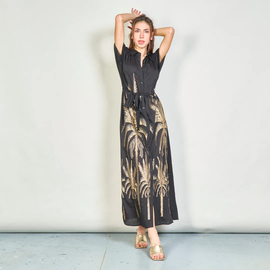 Embroidered palm belted shirt dress wholesale