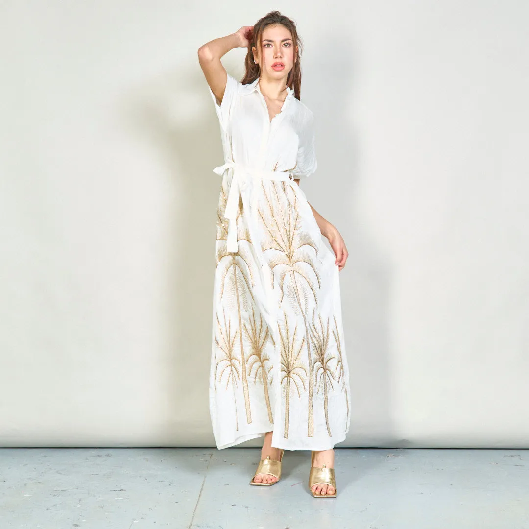 Embroidered palm belted shirt dress wholesale