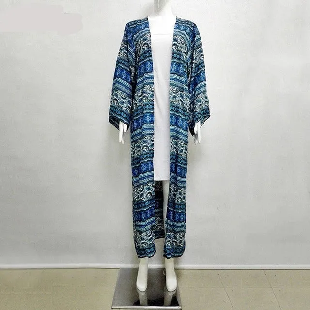 Ethnic Leaf Print Bohemian Kimono