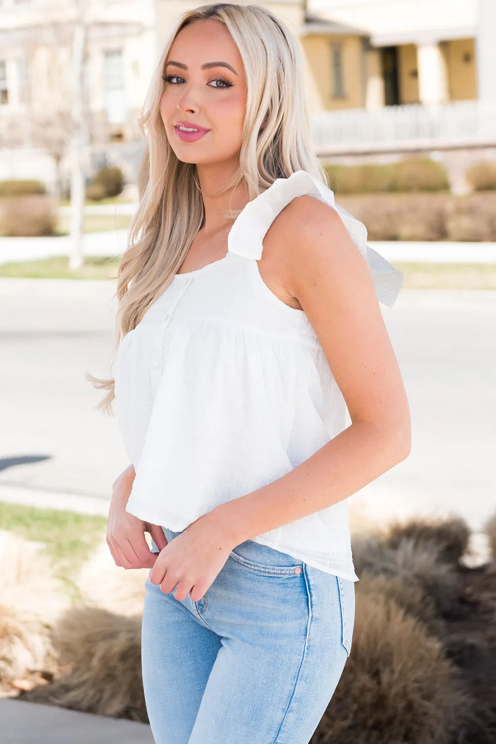 Explore More  Collection - Ruffled Square Neck Wide Strap Tank