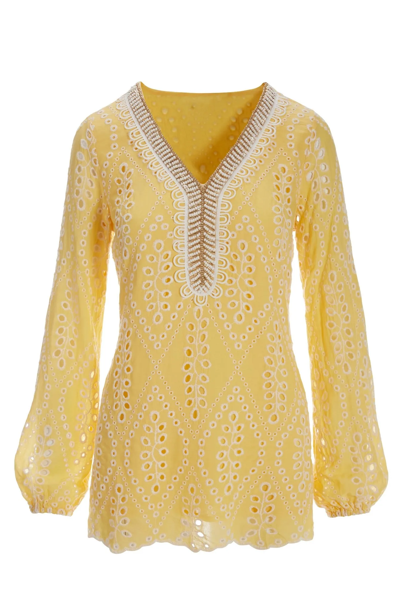 Eyelet Embellished Tunic Top Lemon Drop