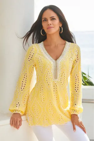 Eyelet Embellished Tunic Top Lemon Drop