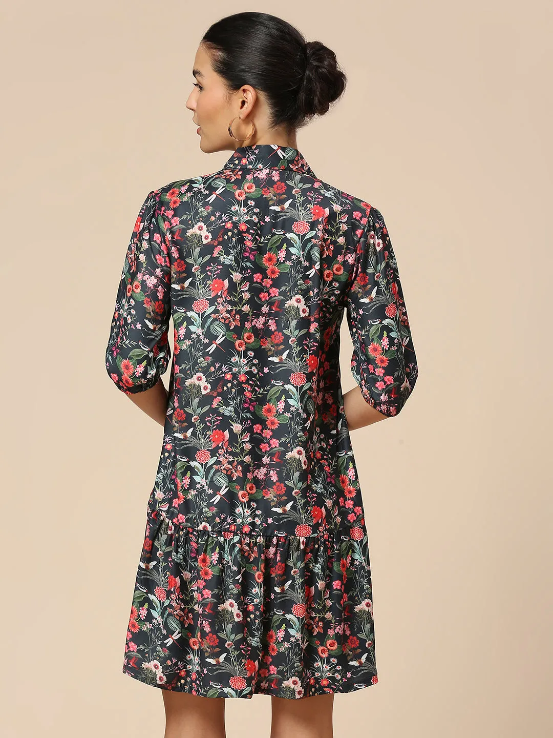 FLORAL PRINTED SATIN TIE - NECK TIERED SWING DRESS