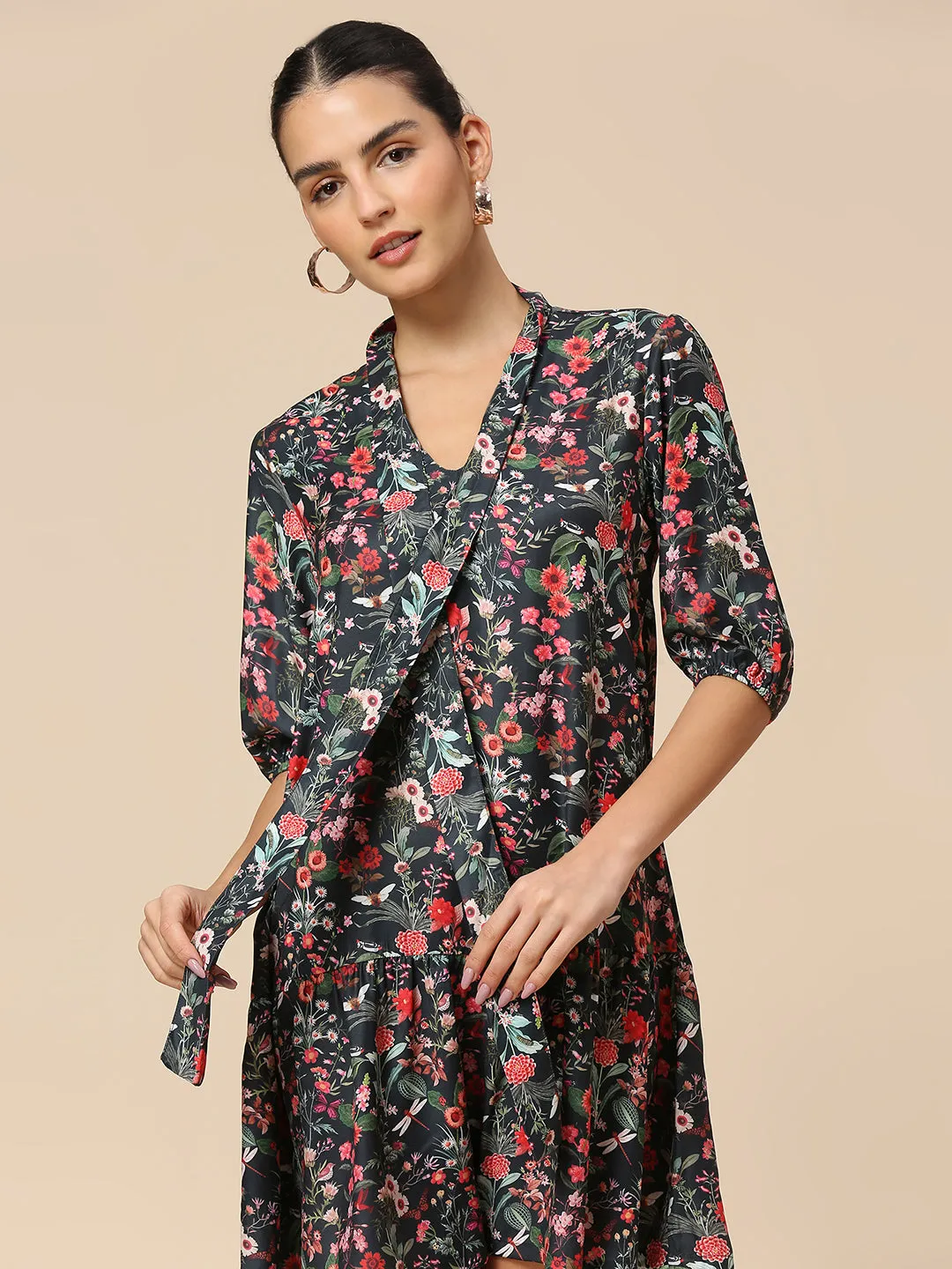 FLORAL PRINTED SATIN TIE - NECK TIERED SWING DRESS