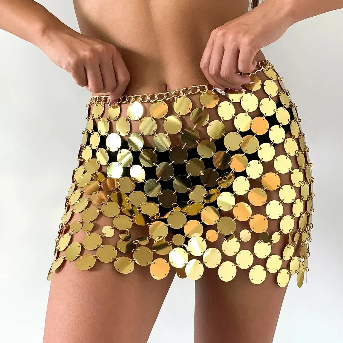 Gold Squamous Sequins Patchwork Strappy Skirt