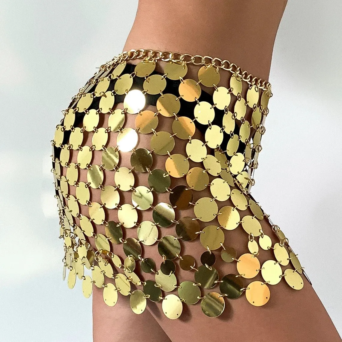Gold Squamous Sequins Patchwork Strappy Skirt